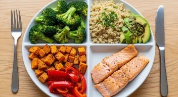 Balanced healthy plate showing vegetables, protein, and grains
