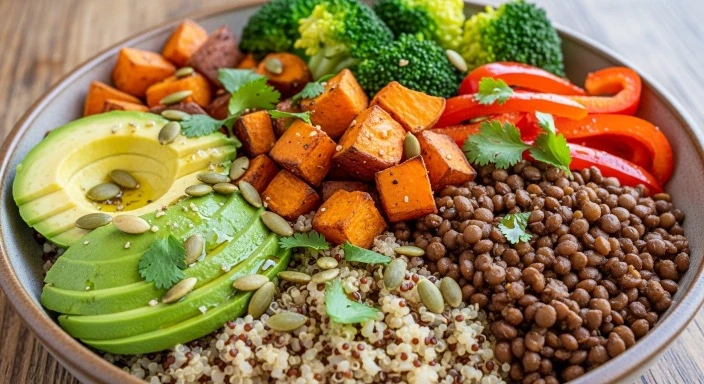 what is a vegan diet. Balanced vegan meal with lentils and vegetables